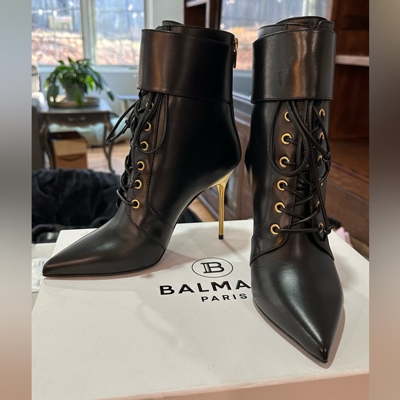 NIB Balmain Uria Leather Ankle Lace Zipper Buckle Boots Black Gold Heel 38 - Picture 7 of 16